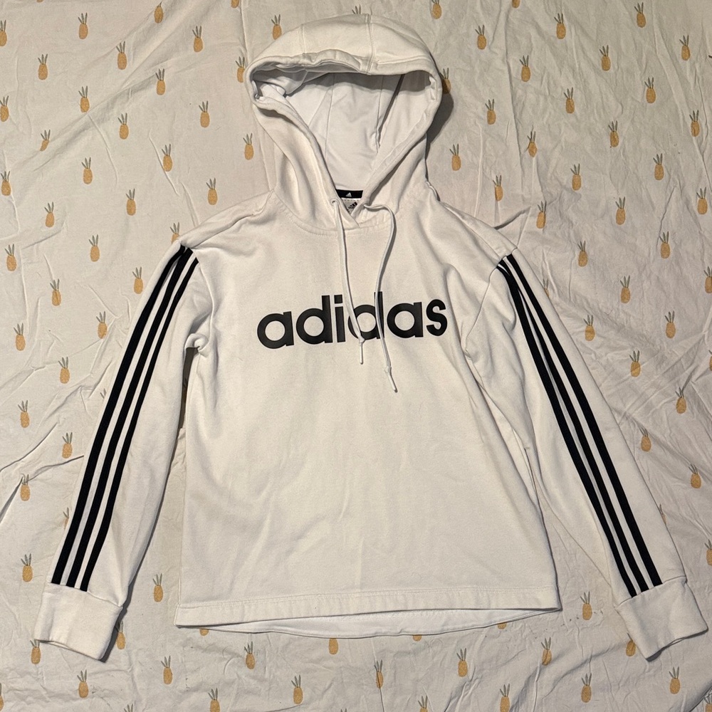 Adidas White Hoodie with Black Logo and Stripes juniors small